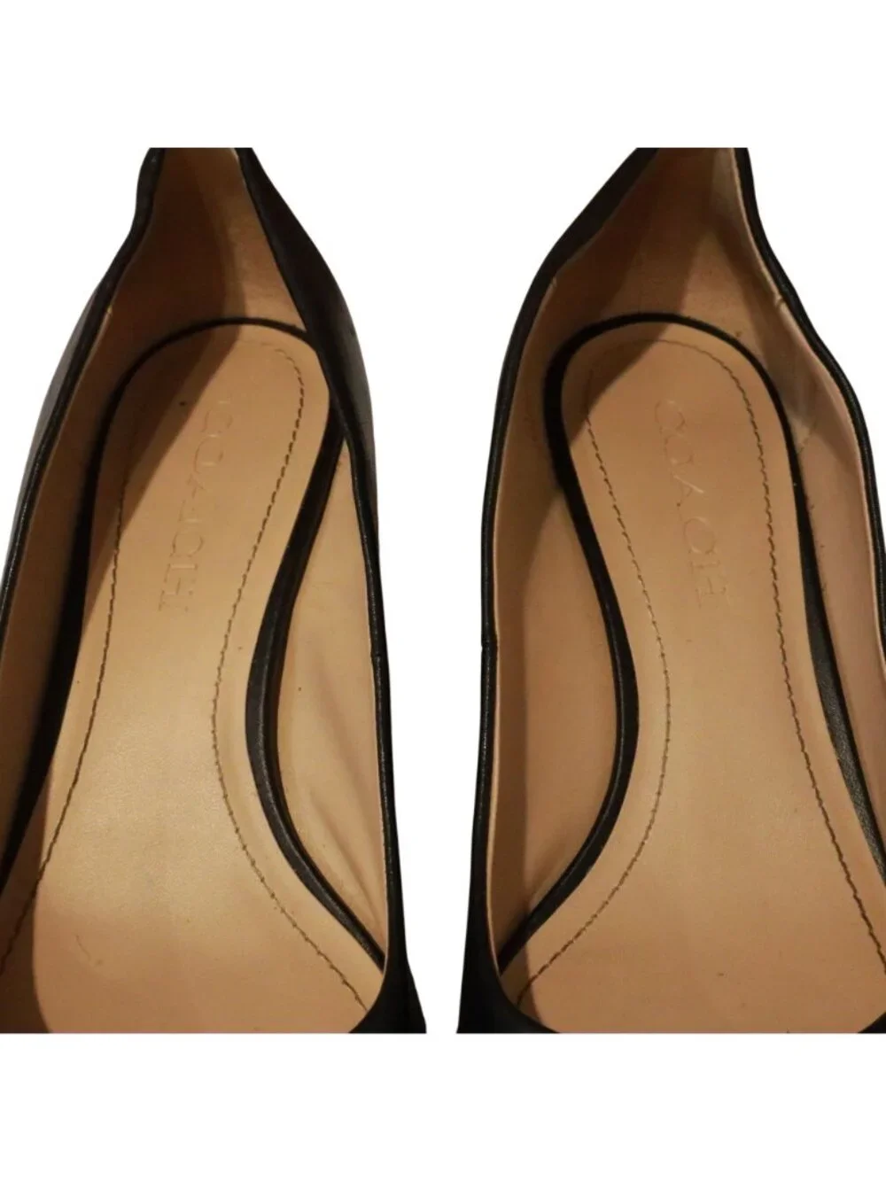 Coach Black Leather Gold Bead Trim Pointed Toe Flats Pumps Dress Shoes